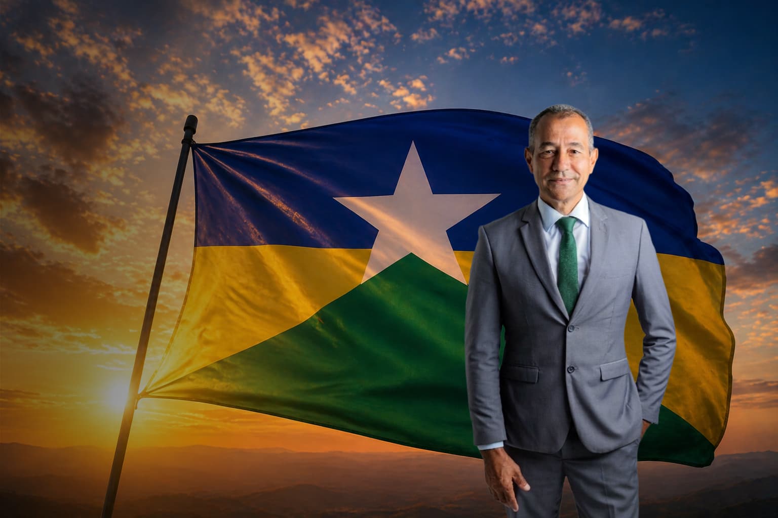 Dr. Marcelo Lessa diante da bandeira de Rondônia